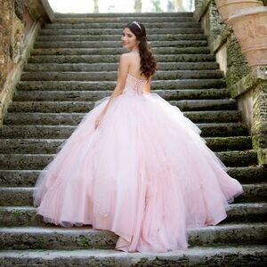 Elegant Strapless Pink Ball Gown Wedding Quinceañera Pink Gold Dress